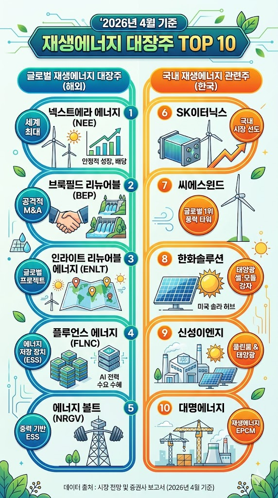 재생에너지 대장주 관련주 TOP 10 분석 (2026) 인포그래픽